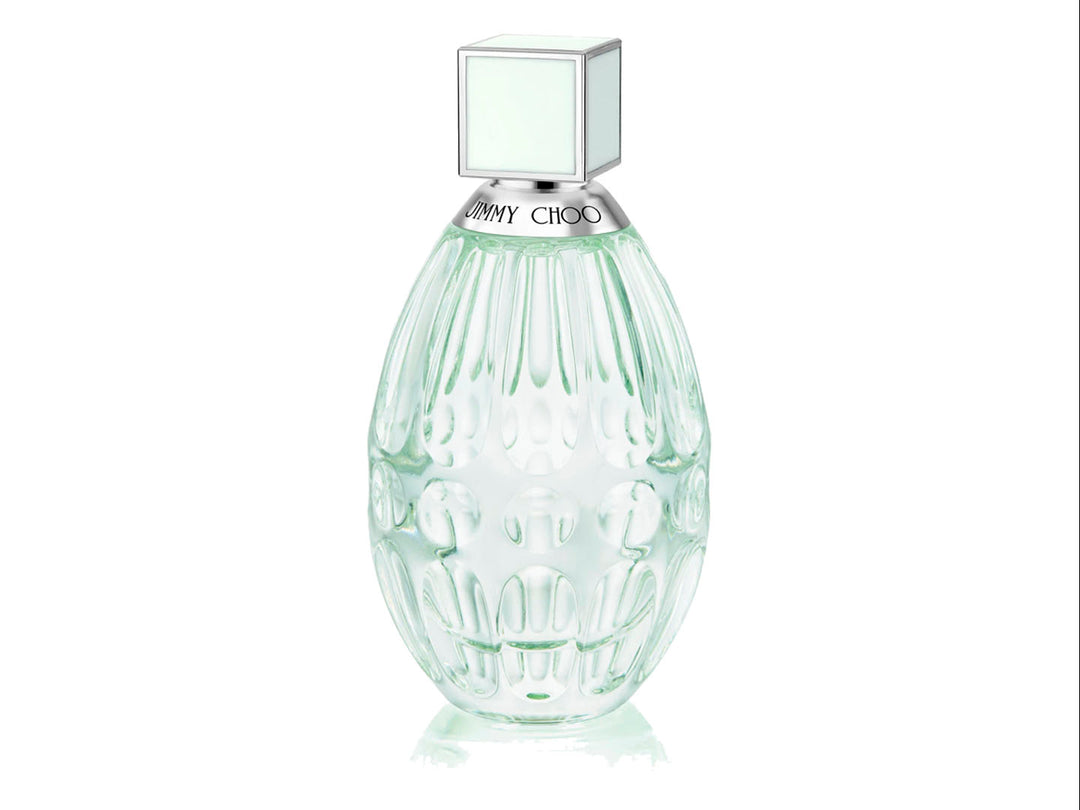 Perfume Jimmy Choo Floral de 90ml Eau de Toilette con su caja blanca y rosa y frasco de vidrio ovalado.