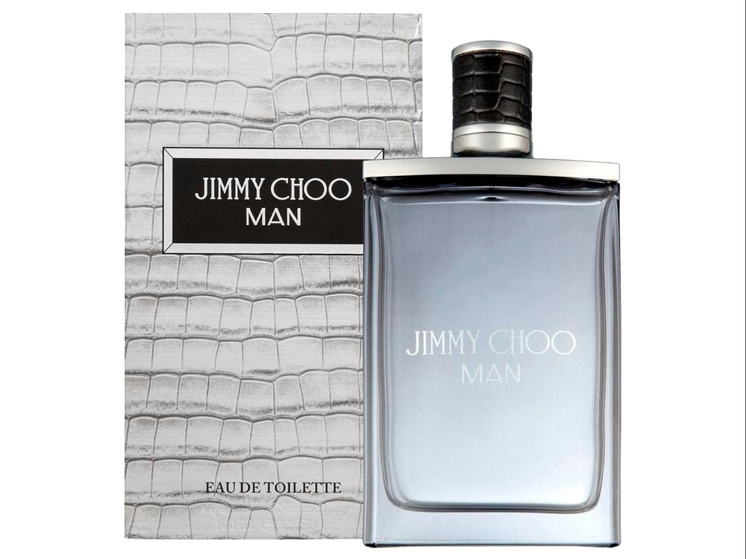 Frasco y caja de perfume Jimmy Choo Man Eau de Toilette en color gris y plata con tapa negra.