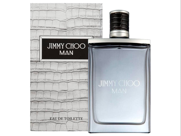 Frasco y caja de perfume Jimmy Choo Man Eau de Toilette en color gris y plata con tapa negra.
