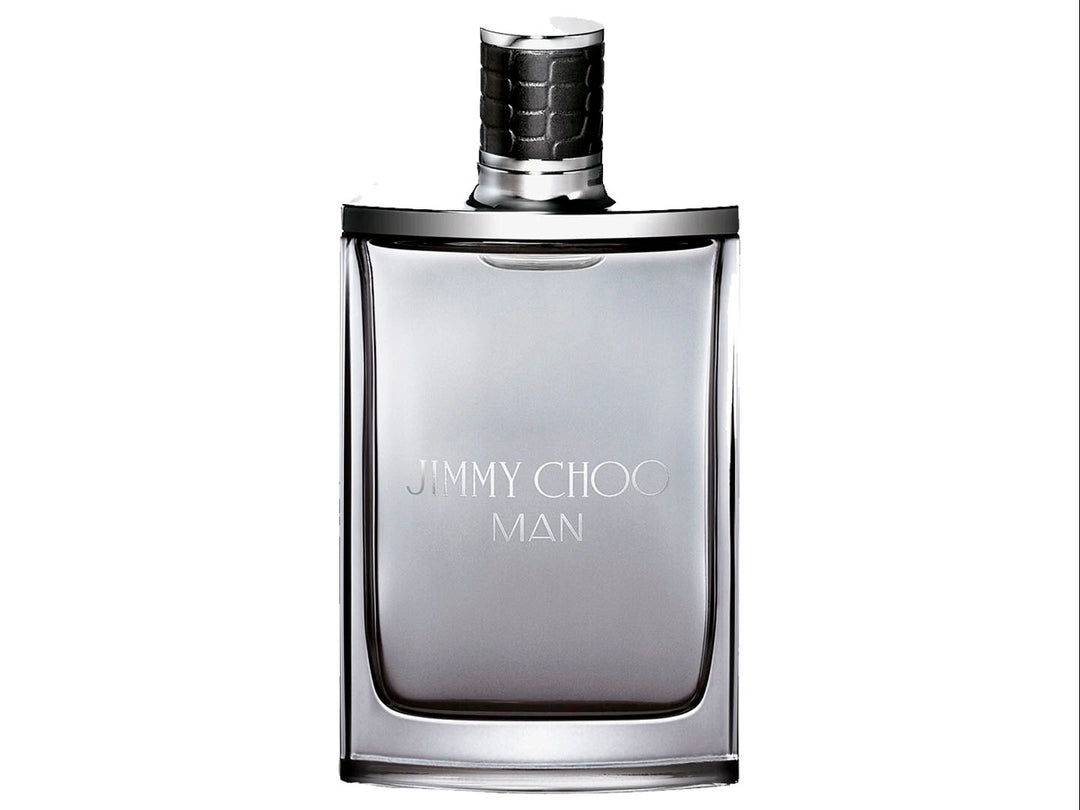 Frasco y caja de perfume Jimmy Choo Man Eau de Toilette en color gris y plata con tapa negra.