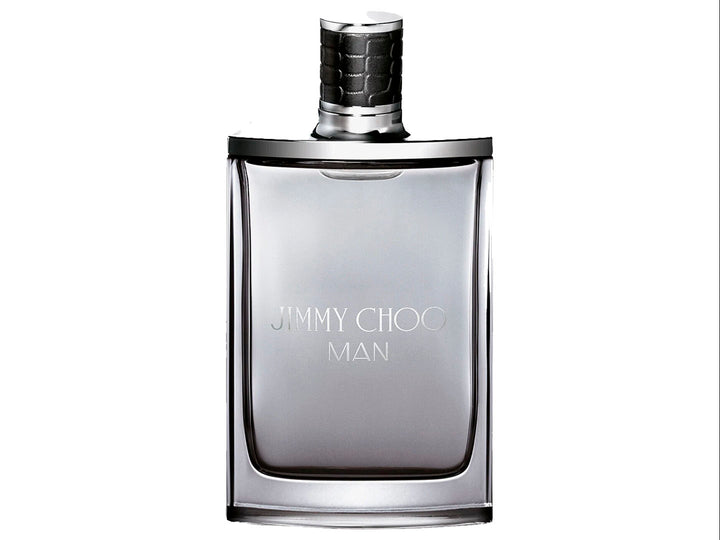 Frasco y caja de perfume Jimmy Choo Man Eau de Toilette en color gris y plata con tapa negra.