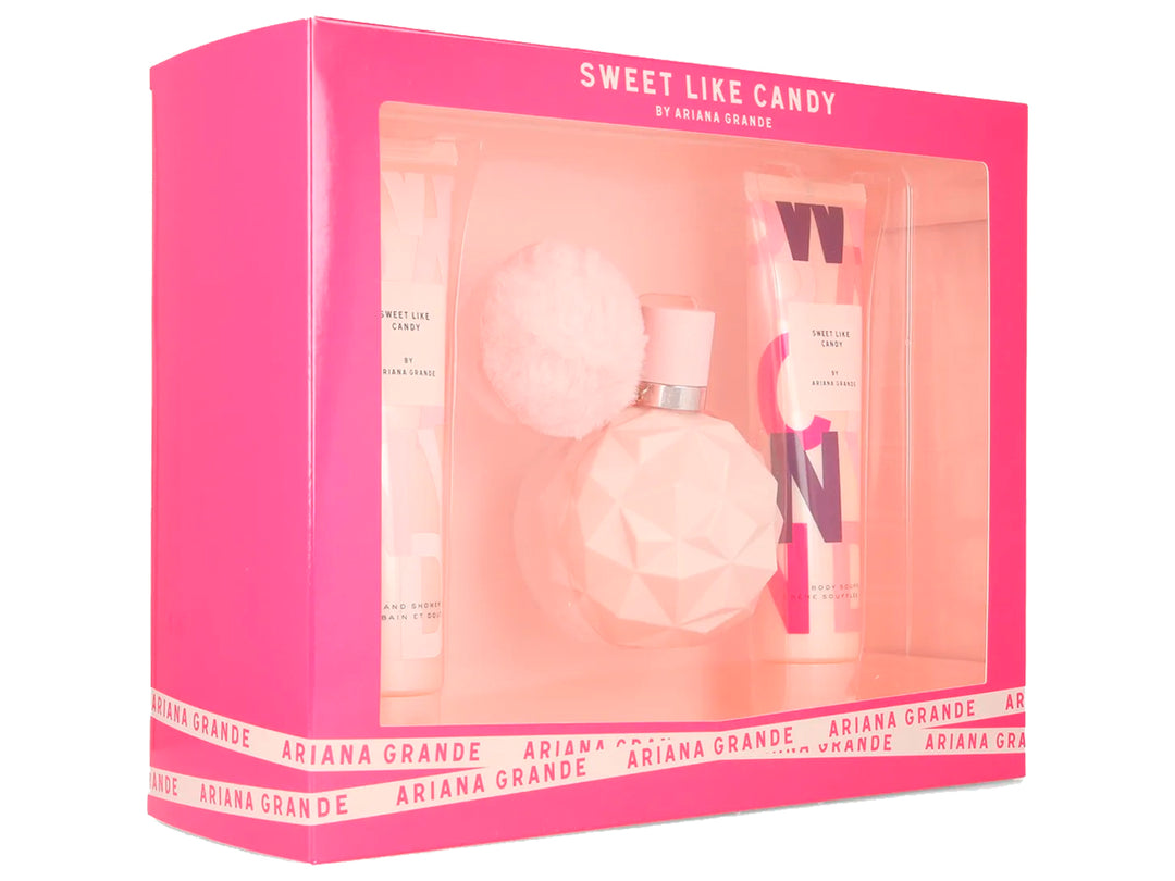 Set de fragancia Sweet Like Candy de Ariana Grande en caja rosa con botella esférica y pompon rosa.