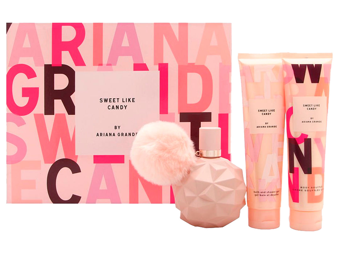 Set de fragancia Sweet Like Candy de Ariana Grande en caja rosa con botella esférica y pompon rosa.