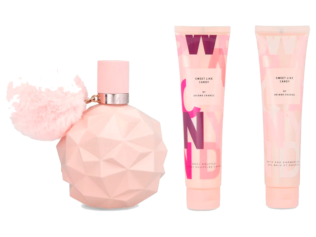 Set de fragancia Sweet Like Candy de Ariana Grande en caja rosa con botella esférica y pompon rosa.