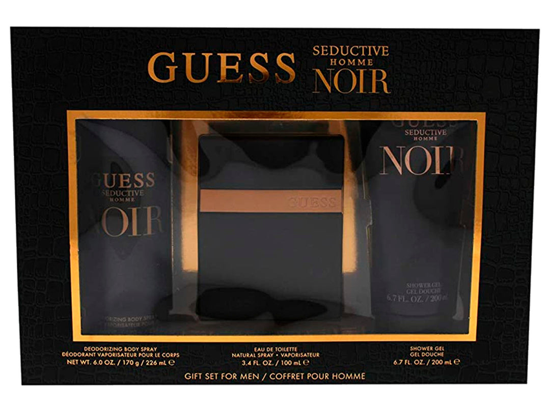Set de regalo GUESS Seductive Homme Noir que incluye fragancia, spray corporal y gel de ducha en empaque negro y dorado.