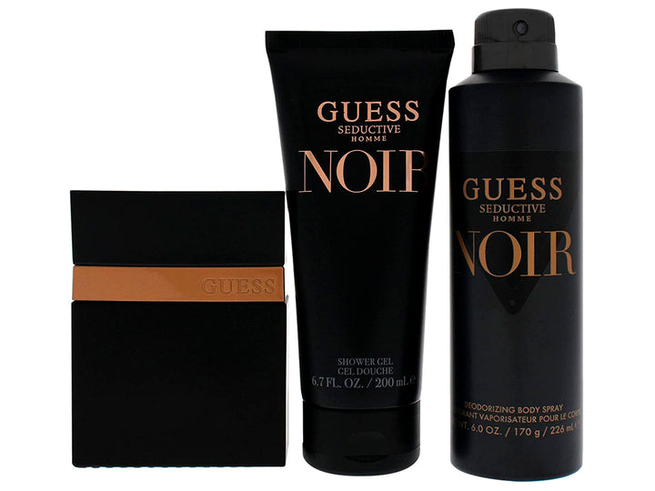 Set de regalo GUESS Seductive Homme Noir que incluye fragancia, spray corporal y gel de ducha en empaque negro y dorado.