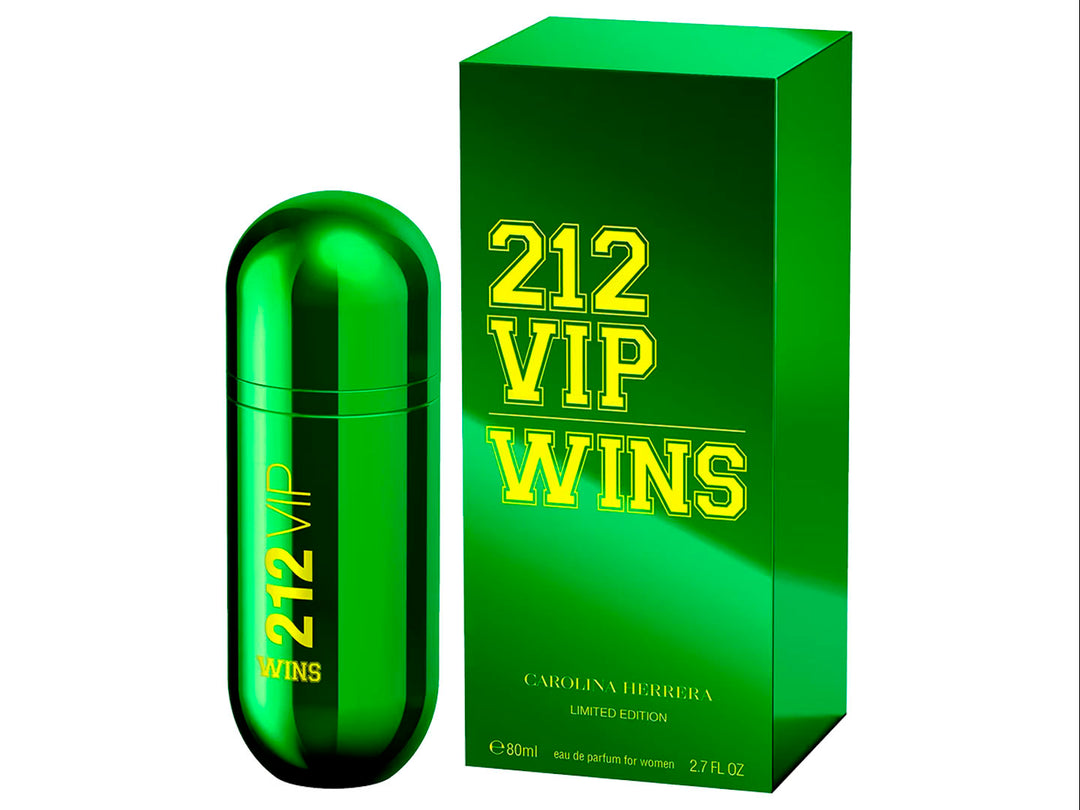 Perfume Carolina Herrera 212 VIP Wins para Mujer en botella y caja de color verde brillante con letras amarillas.
