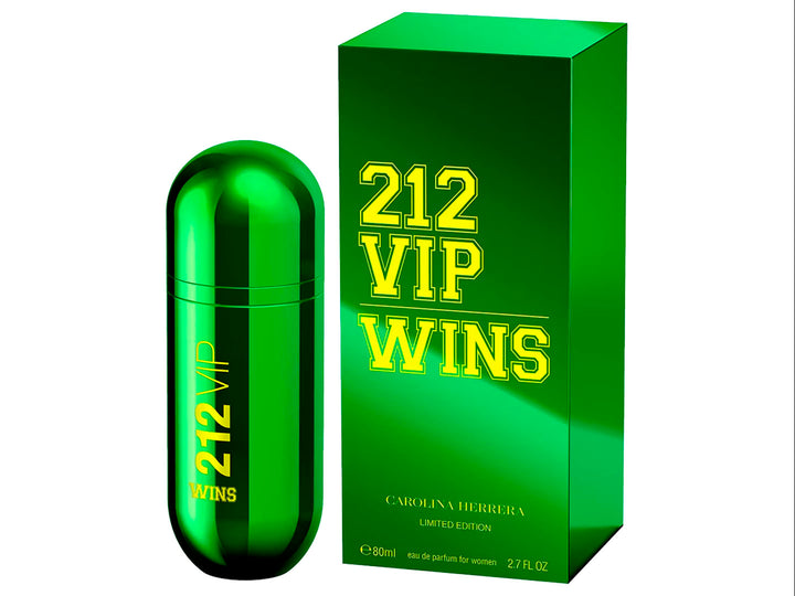 Perfume Carolina Herrera 212 VIP Wins para Mujer en botella y caja de color verde brillante con letras amarillas.