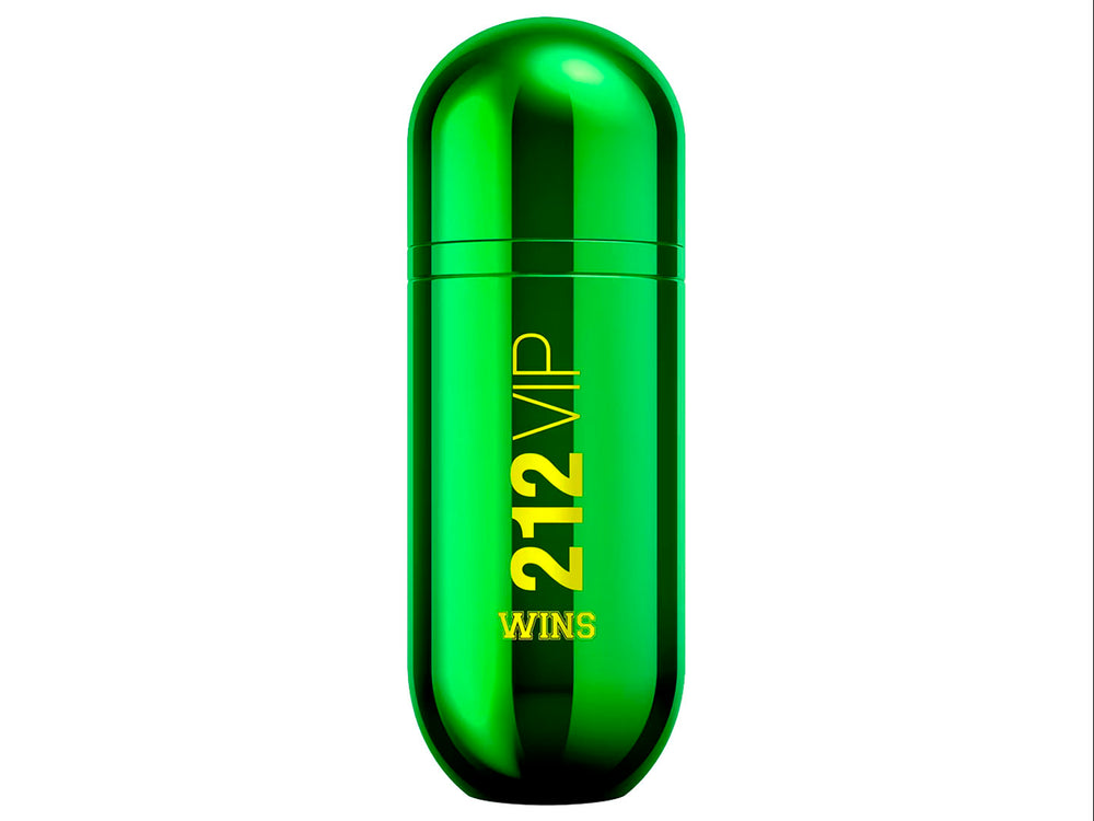 Perfume Carolina Herrera 212 VIP Wins para Mujer en botella y caja de color verde brillante con letras amarillas.