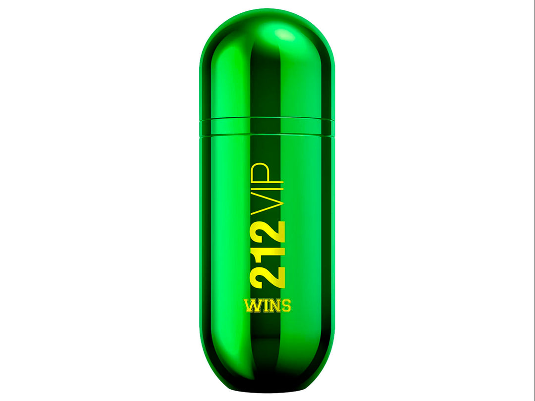 Perfume Carolina Herrera 212 VIP Wins para Mujer en botella y caja de color verde brillante con letras amarillas.
