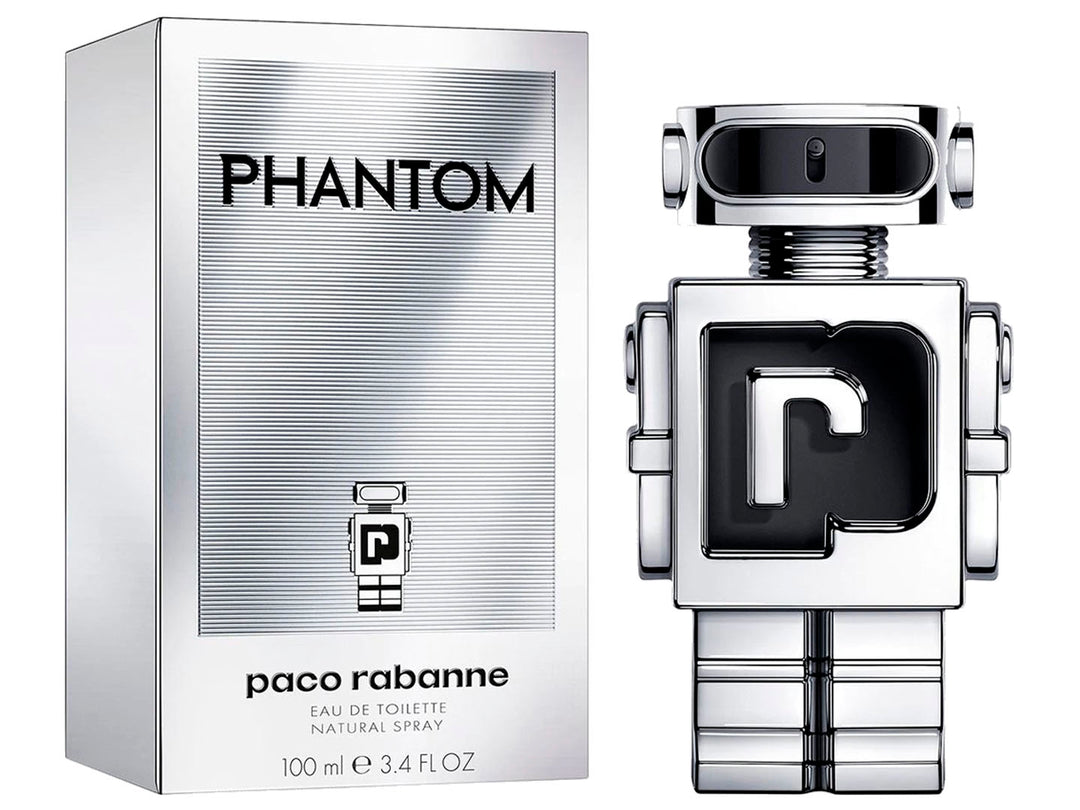 Perfume Paco Rabanne Phantom en frasco con forma de robot plateado y su caja blanca y plata.