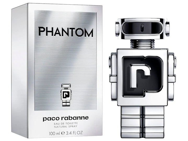 Perfume Paco Rabanne Phantom en frasco con forma de robot plateado y su caja blanca y plata.