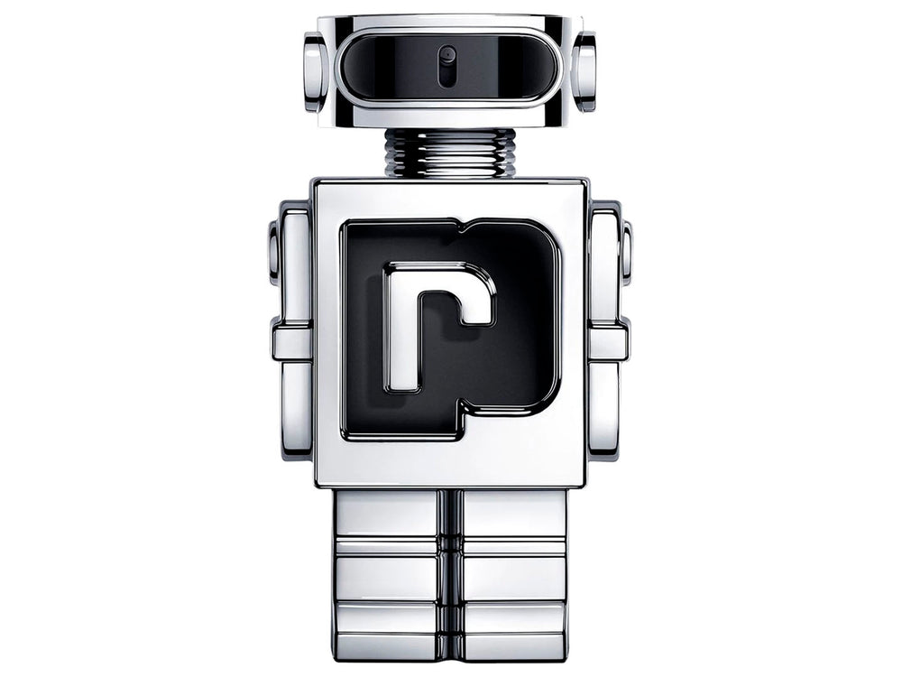 Perfume Paco Rabanne Phantom en frasco con forma de robot plateado y su caja blanca y plata.
