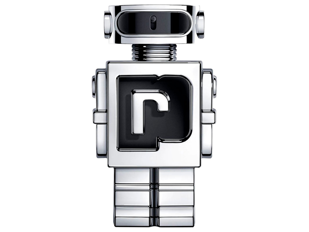 Perfume Paco Rabanne Phantom en frasco con forma de robot plateado y su caja blanca y plata.