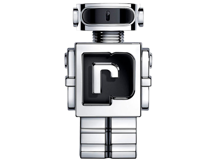 Perfume Paco Rabanne Phantom en frasco con forma de robot plateado y su caja blanca y plata.