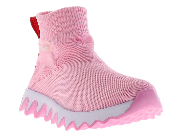 Tenis rosas para niña con tejido elástico y suela blanca dentada.