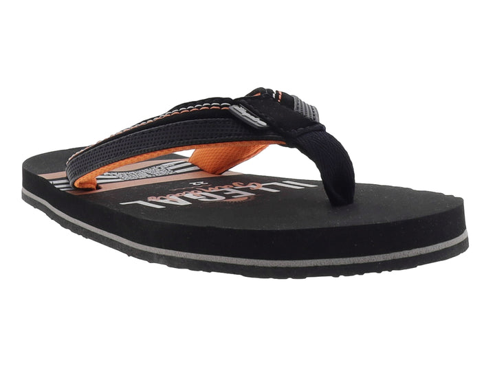 Sandalias tipo chancla de color negro con detalles en naranja, marca Illegal.