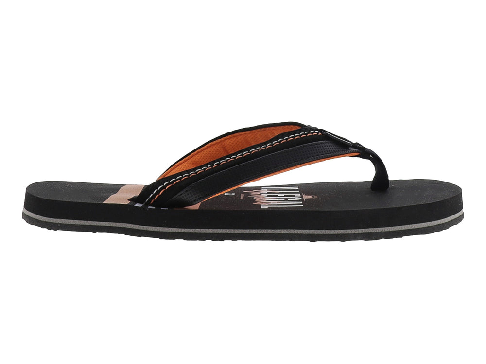 Sandalias tipo chancla de color negro con detalles en naranja, marca Illegal.