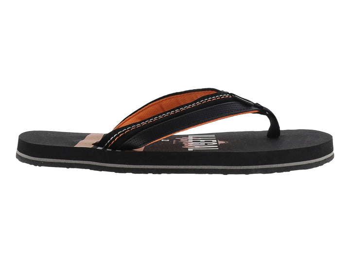 Sandalias tipo chancla de color negro con detalles en naranja, marca Illegal.