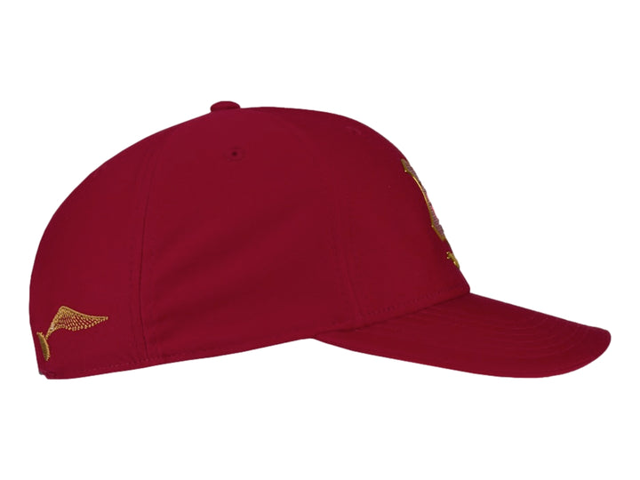 Gorra color vino con bordado frontal de un escudo rosa y amarillo con la letra H y el texto Hogwarts.