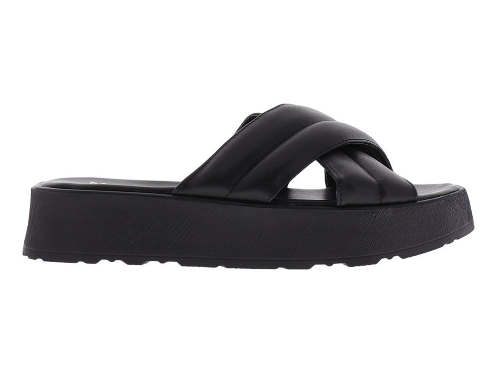 Sandalias negras de plataforma para mujer con tiras anchas cruzadas y suela gruesa mate.