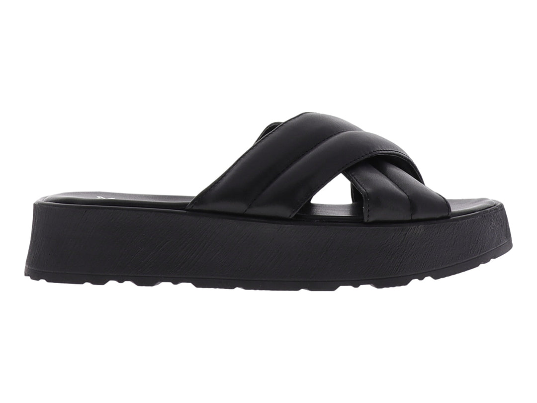 Sandalias negras de plataforma para mujer con tiras anchas cruzadas y suela gruesa mate.