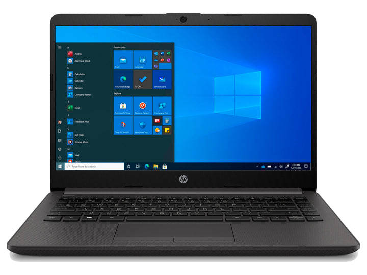 Laptop HP color negro con pantalla encendida mostrando Windows 10 y teclado integrado.