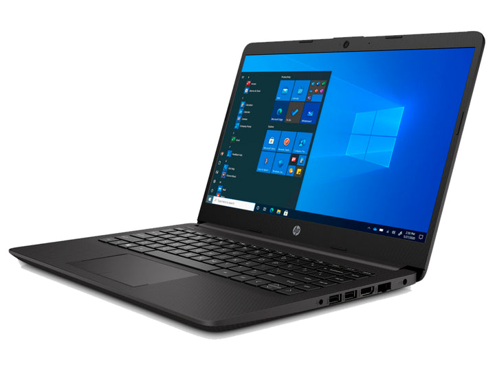 Laptop HP color negro con pantalla encendida mostrando Windows 10 y teclado integrado.