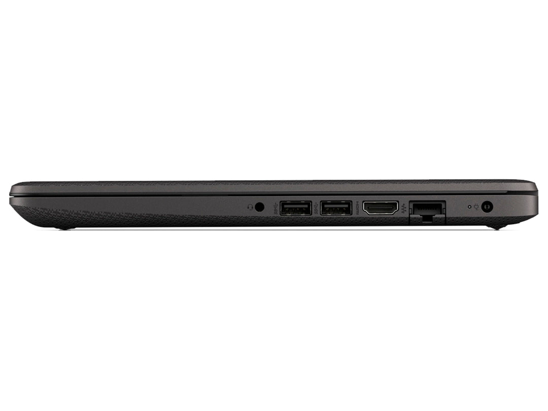 Laptop HP color negro con pantalla encendida mostrando Windows 10 y teclado integrado.