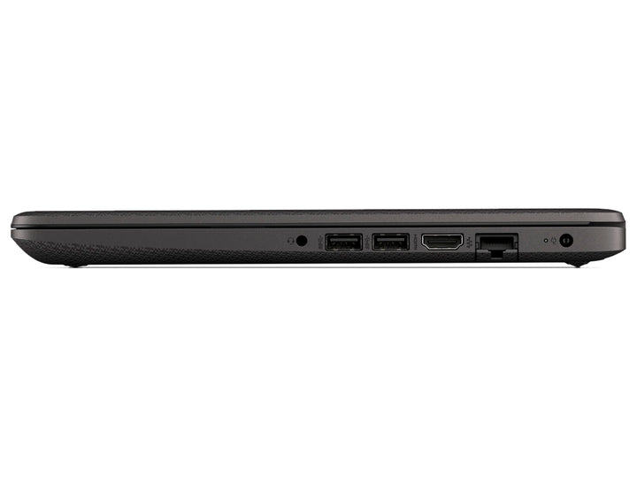 Laptop HP color negro con pantalla encendida mostrando Windows 10 y teclado integrado.
