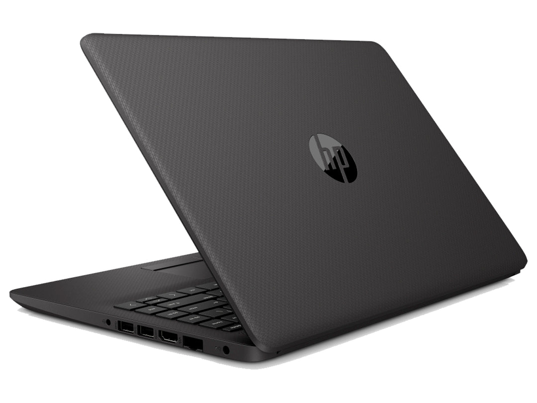 Laptop HP color negro con pantalla encendida mostrando Windows 10 y teclado integrado.
