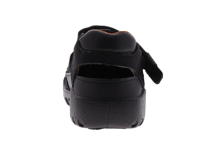 Sandalias deportivas negras para niño con forro interior naranja y suela resistente.