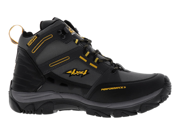 Zapato deportivo tipo botín 4X4 en color negro y gris con detalles amarillos y suela robusta.
