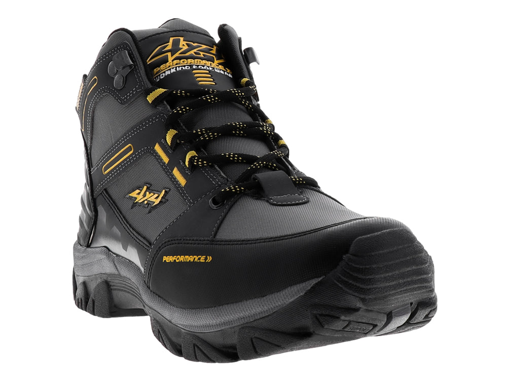 Zapato deportivo tipo botín 4X4 en color negro y gris con detalles amarillos y suela robusta.