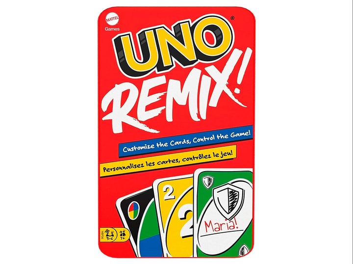 Caja roja del juego de cartas UNO Remix con ilustraciones de cartas coloridas y texto en blanco y amarillo.