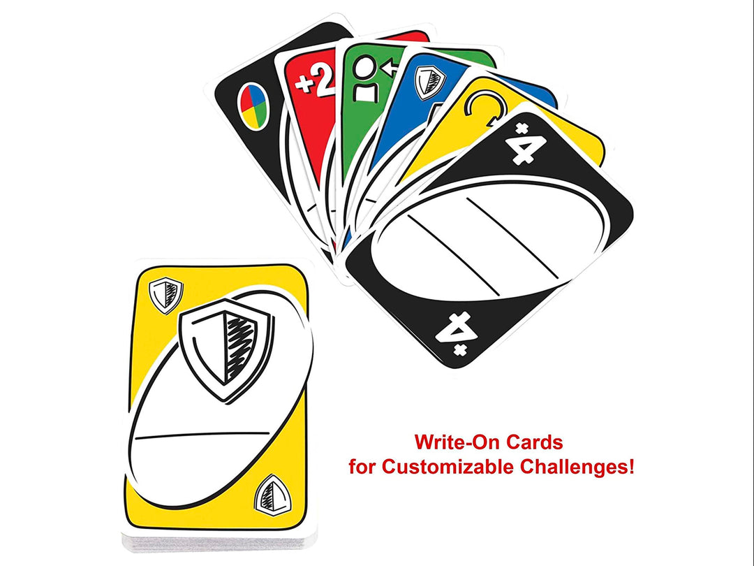 Caja roja del juego de cartas UNO Remix con ilustraciones de cartas coloridas y texto en blanco y amarillo.