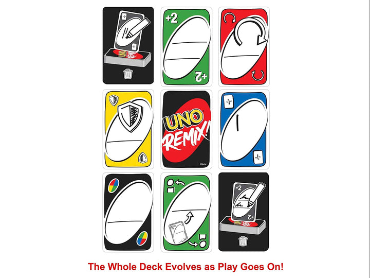 Caja roja del juego de cartas UNO Remix con ilustraciones de cartas coloridas y texto en blanco y amarillo.