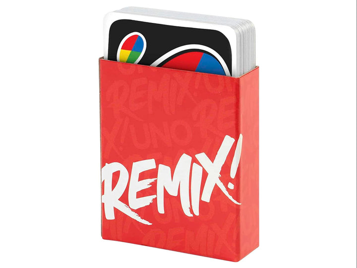 Caja roja del juego de cartas UNO Remix con ilustraciones de cartas coloridas y texto en blanco y amarillo.