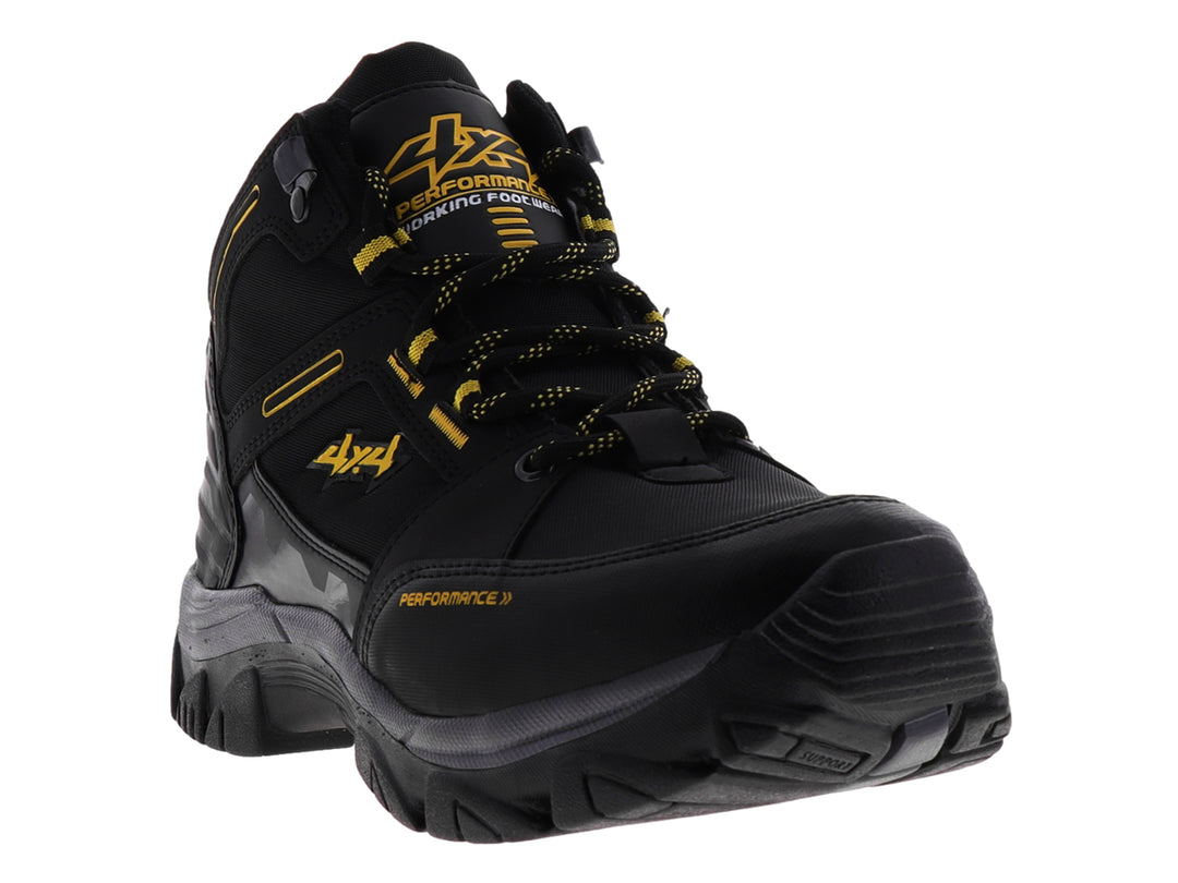 Bota deportiva color negro con detalles amarillos, marca 4X4, vista lateral sobre fondo blanco.