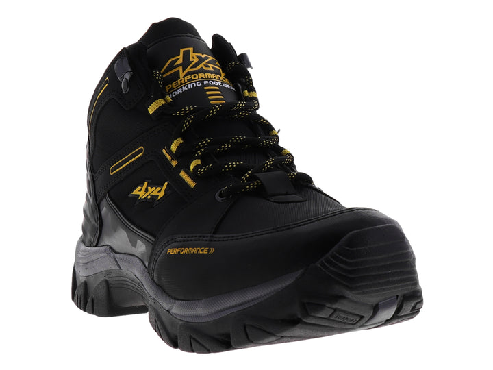 Bota deportiva color negro con detalles amarillos, marca 4X4, vista lateral sobre fondo blanco.