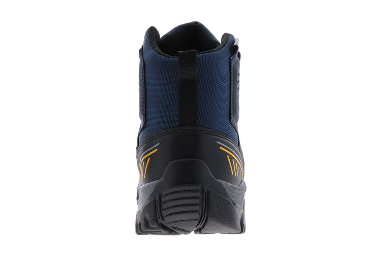 Calzado deportivo tipo botín en colores negro y azul marino con acentos amarillos.