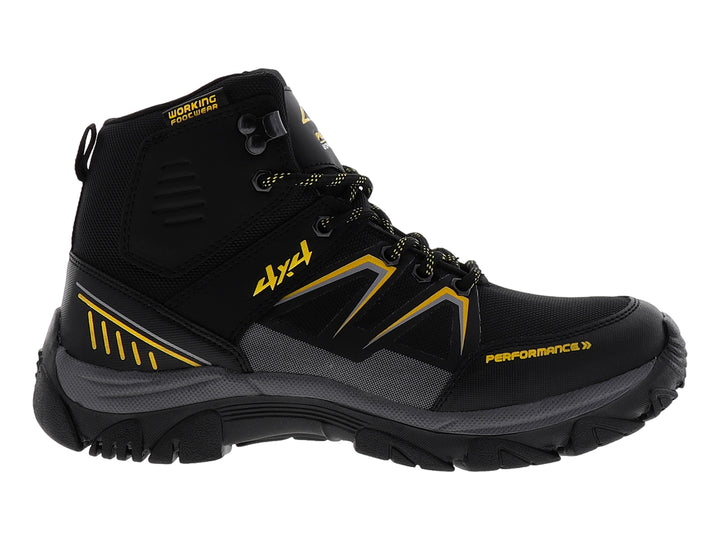 Bota deportiva 4X4 en color negro con detalles en amarillo y gris, diseño resistente para actividades al aire libre.