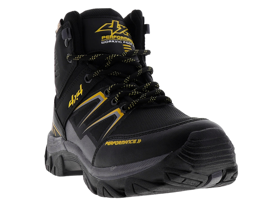 Bota deportiva 4X4 en color negro con detalles en amarillo y gris, diseño resistente para actividades al aire libre.