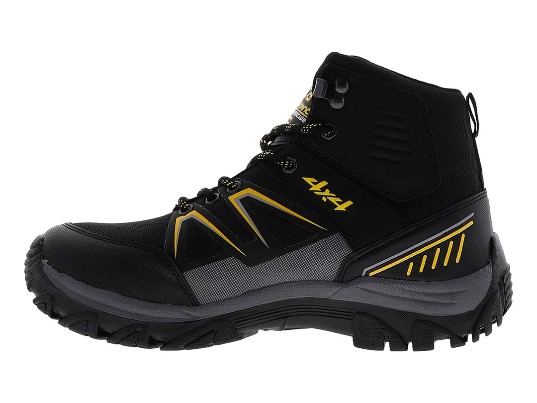 Bota deportiva 4X4 en color negro con detalles en amarillo y gris, diseño resistente para actividades al aire libre.