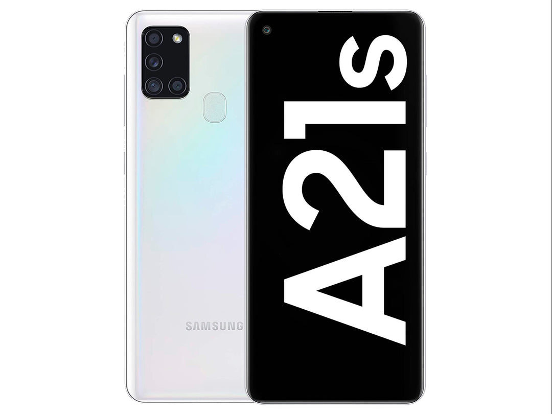 Smartphone Samsung Galaxy A21s en color plata, vista frontal y trasera sobre fondo blanco.