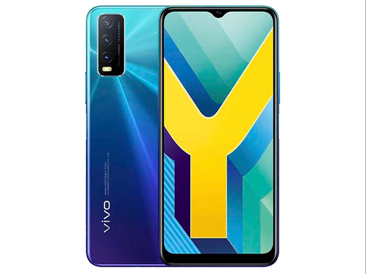 Smartphone VIVO Y20 en color azul con vista frontal y trasera, mostrando pantalla de 6.51 pulgadas y triple cámara posterior.