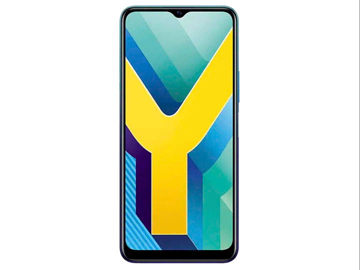 Smartphone VIVO Y20 en color azul con vista frontal y trasera, mostrando pantalla de 6.51 pulgadas y triple cámara posterior.