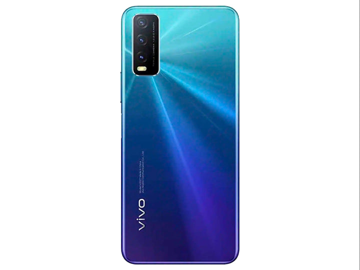 Smartphone VIVO Y20 en color azul con vista frontal y trasera, mostrando pantalla de 6.51 pulgadas y triple cámara posterior.