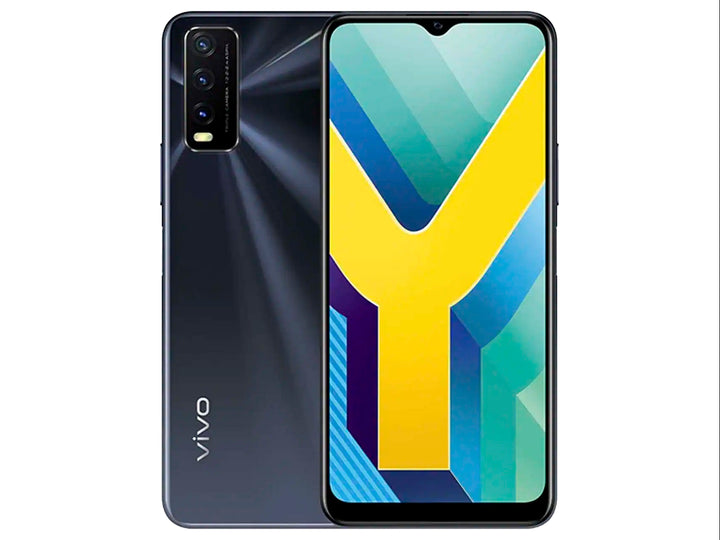 Smartphone VIVO Y20 color negro con vista frontal de pantalla y vista trasera con triple cámara.
