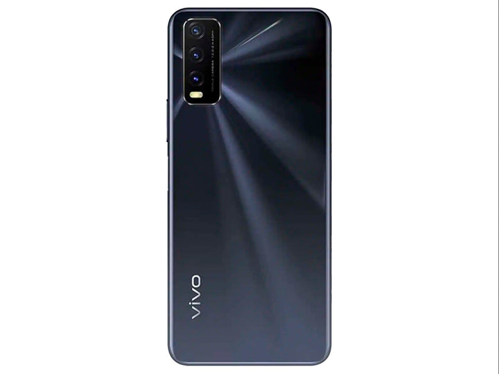 Smartphone VIVO Y20 color negro con vista frontal de pantalla y vista trasera con triple cámara.